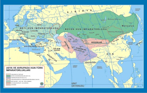 Asya ve Avrupada Hun-Türk İmparatorlukları Tarih Dersi Haritası